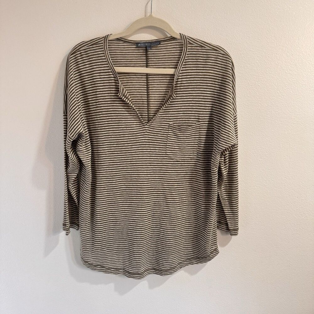 Elliot Lauren Shirt Blouse L 100% Linen V-neck Stripe Green White Pocket Lagen